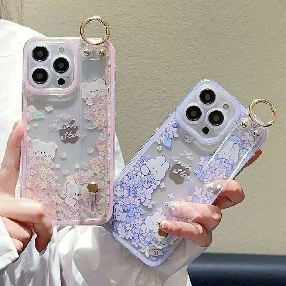 Floral Bear & Rabbit Soft TPU Phone Holder Case with Wrist Strap