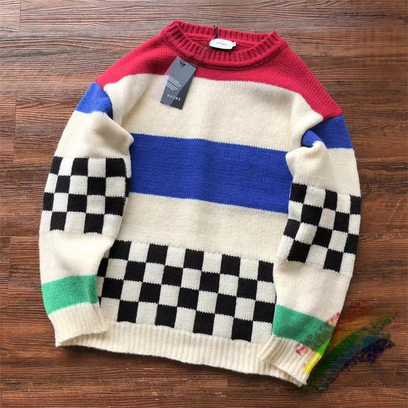 

2023fw Striped Rhude Knit Jacquard Sweater Men Women Patchwork Casual Sweatshirts