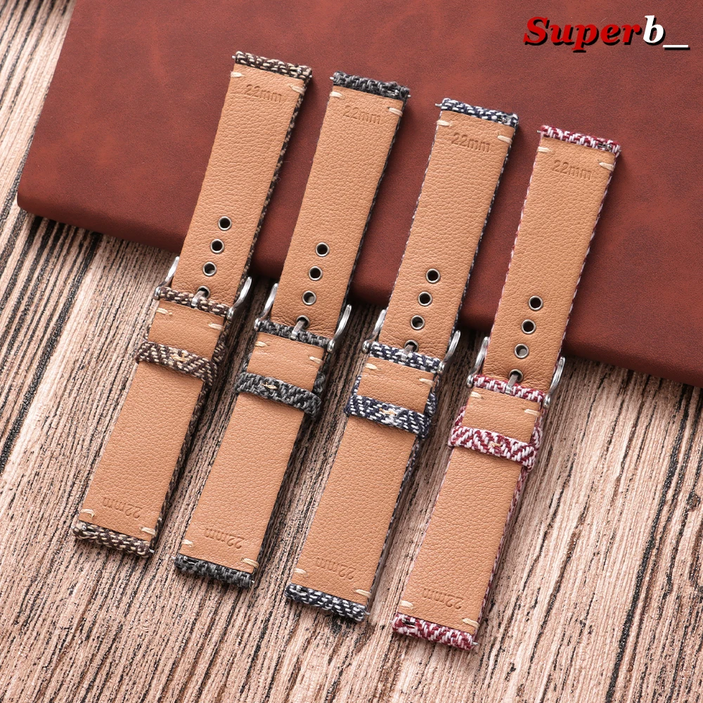 Vintage-Style Woven Fabric & Genuine Cowhide Nylon Watch Band with Quick Release