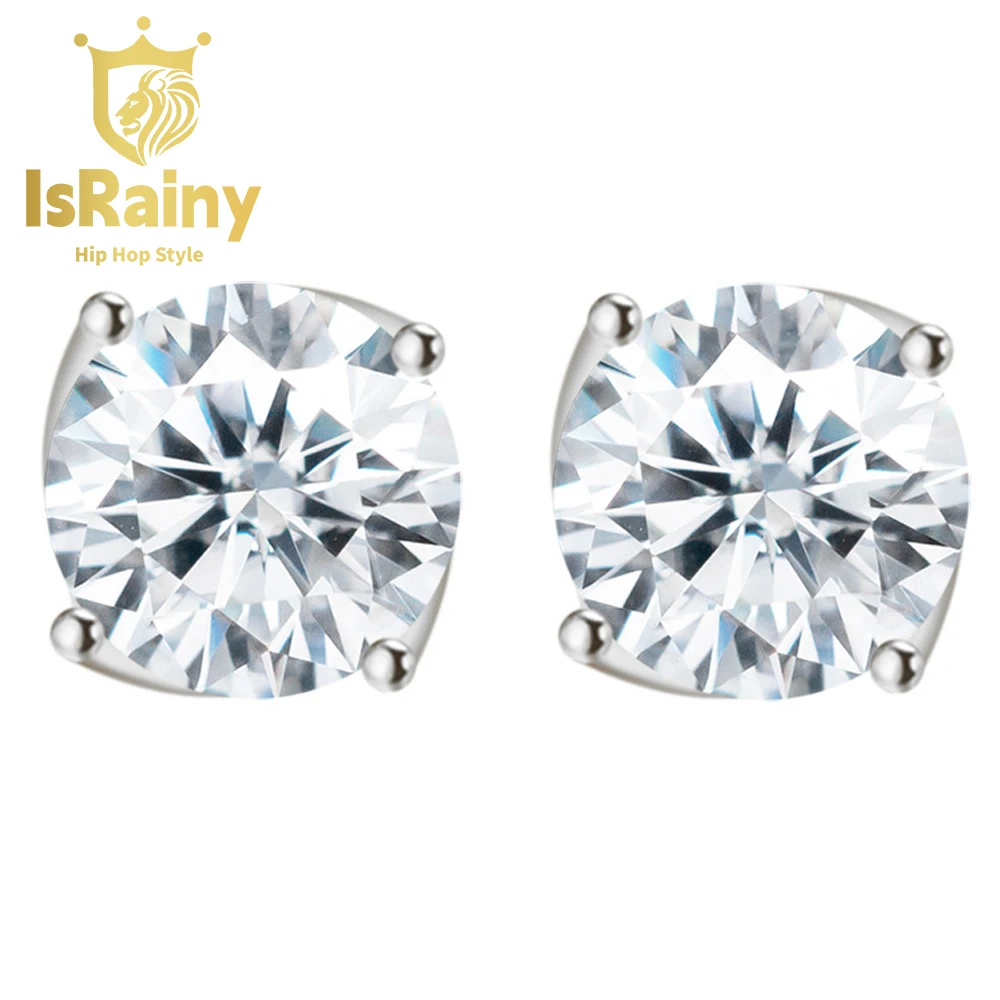 

IsRainy Hip Hop Rock 100% 925 Sterling Silver Round Cut VVS1 Real GRA Moissanite D Color Diamonds Stud Earrings Fine Jewelry