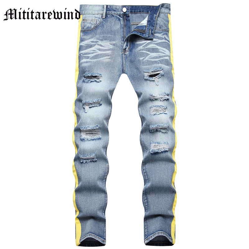 

Men's American Jeans Casual Side Yellow Design High Street Y2k Ripped Distressed Male Pants Denim Vintage Hip Hop Trousers