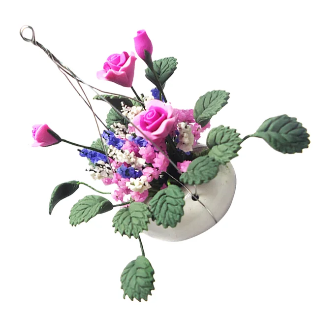 1PC 1/12 Mini House Potting Adornment Mini Rose Hanging Basket Flower Arrangement Model for Home Decor (Pink+Green) 3