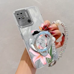 Pink Flowers Phone Case Set with Lanyard and Stand - 3 Pieces for Redmi 10 2022 (Silver)
