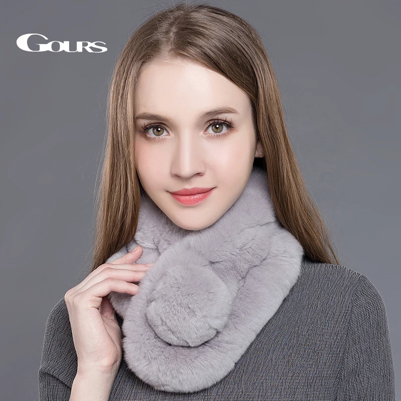 Gours Women's Real Fur Scarf High Quality Luxury Big Rex Rabbit Fur Scarves Thick Warm Winter Fashion Brand New Arrival GLWJ005