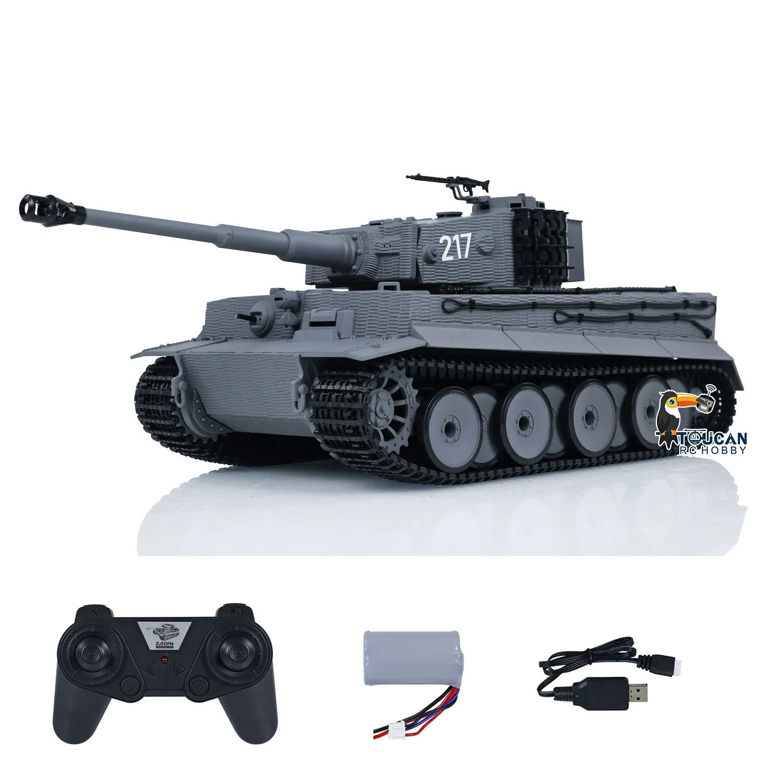 Vue de profil du char de combat RC Taigen 1/24 Tiger I avec tourelle orientée