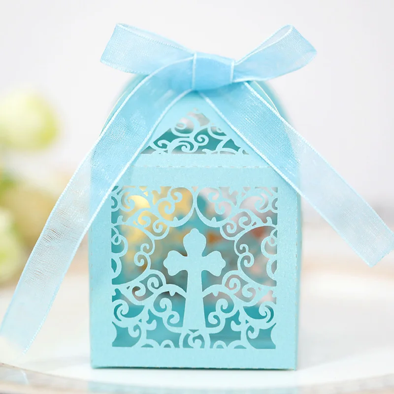 50Pcs Hollow Lace Cross Candy Box Baptism Wedding Sweet Favor Gift Box With Ribbon Communion Christening Birthday Party Supplies