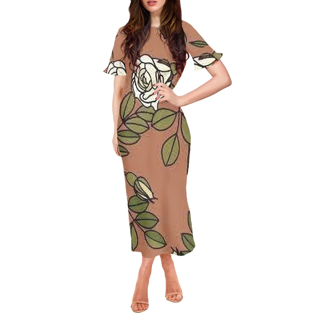 

Women's Casual Holiday Dress Plus Size Polynesian Tribal Palm Leaves White Rose Print Long Dress O-neck Short Sleeve Clothing