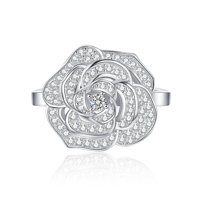 

Camellia Blossom Full Diamond Ring with Light Luxury Temperament, Hollow out 3D Precision, Versatile 925 Silver, Everyday Versat
