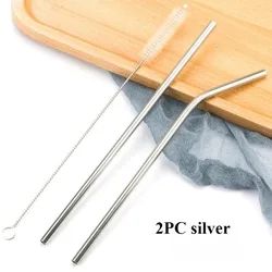 Durable Stainless Steel Reusable Metal Straws with Cleaning Brush for Milkshakes, Bubble Tea, and Smoothies (2PC Silver)