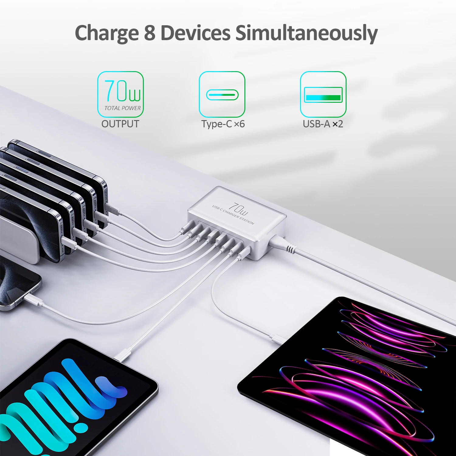 USB 케이블이 있는 멀티 USB 충전기, 휴대폰 다중 USB 충전기, 70W, 8 포트