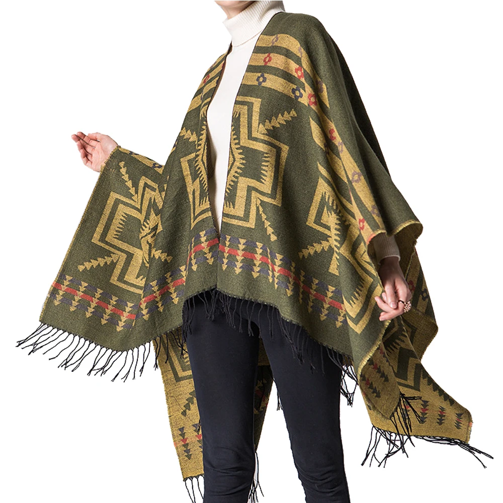 european american street women s cross wavy geometric shape classic cashmere shawl enlarged thickened cloak ponchos p4 European American Cross Plum Blossoms Tassel Warm Cashmere Thick Poncho Ethnic Prints V-neck Winter Cardigans Shawl Poncho