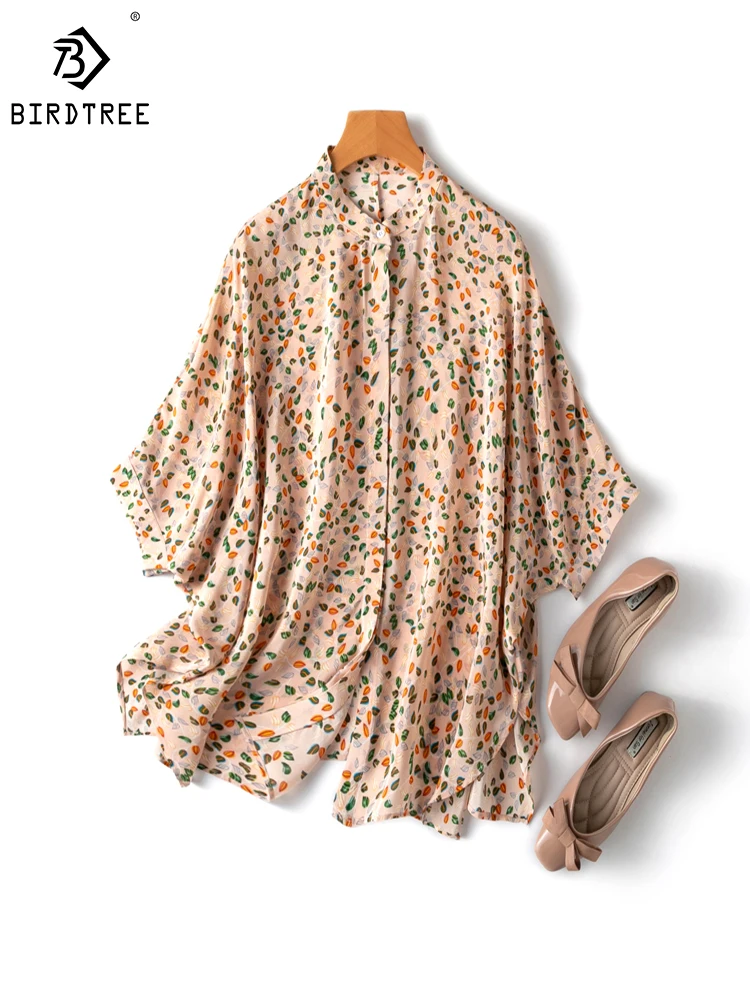 

Birdtree Women 100%Mulberry Silk Shirt Loose Nude Pink Leaves Printed Tops Stand Collar Batwing Sleeve Buttons Blouses T38114QD