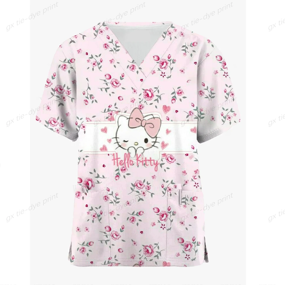 thumbnail image 1 of Camisetas de manga corta para mujer, uniforme de enfermera con estampado de Hello Kitty, cuello en V, bolsillo, para trabajadores de la salud, ropa de trabajo clínica, 1 of 4