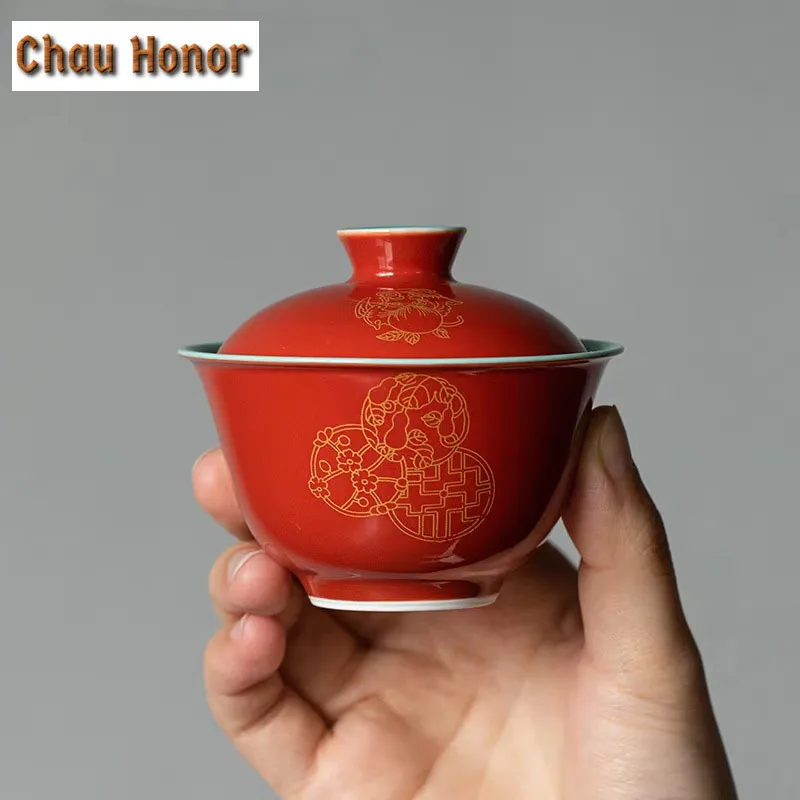 90ml Japanese Style Red Glaze Hot Stamping Hydrangea Ceramic Sancai Covered Bowl Tea Cup Household Kung Fu Teaset Drinkware Gift