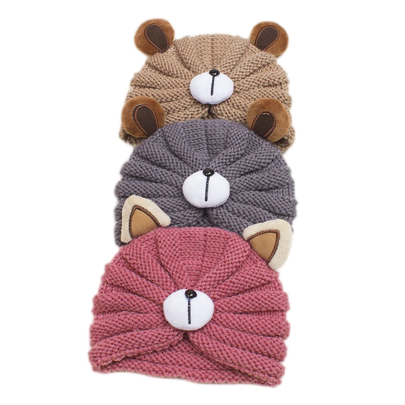 Autumn Winter Baby Hat Cute Print Bear Kids Girl Bonnet Hat Crochet Knitted Infant Toddler Beanie Cap Turban Baby Accessories