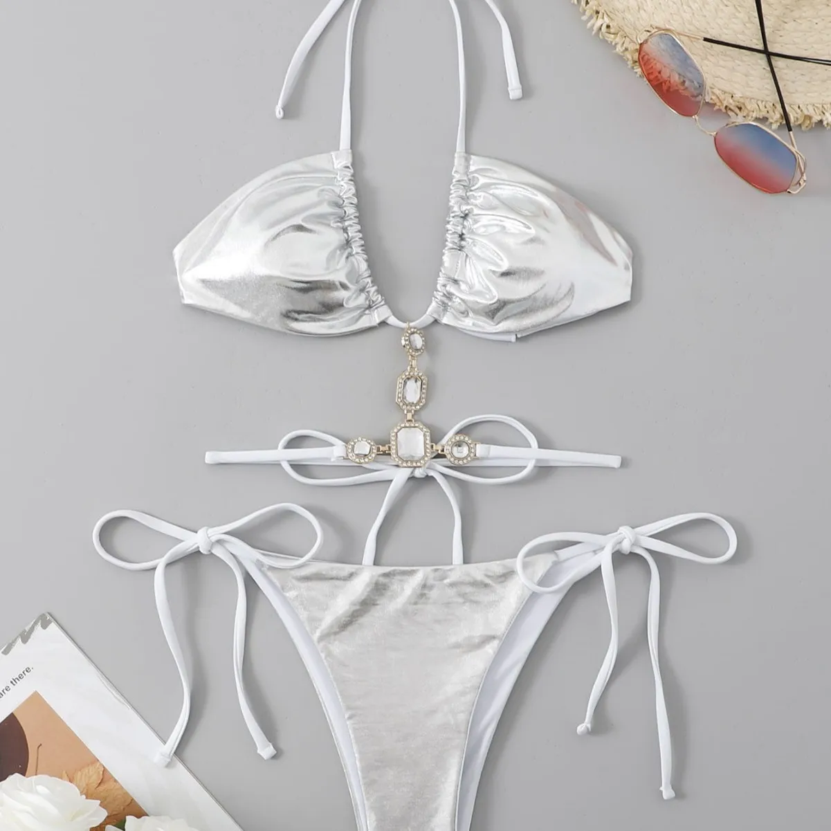 Women Stylish Bikini Sexy PU Diamond Decorative Split Swimsuit