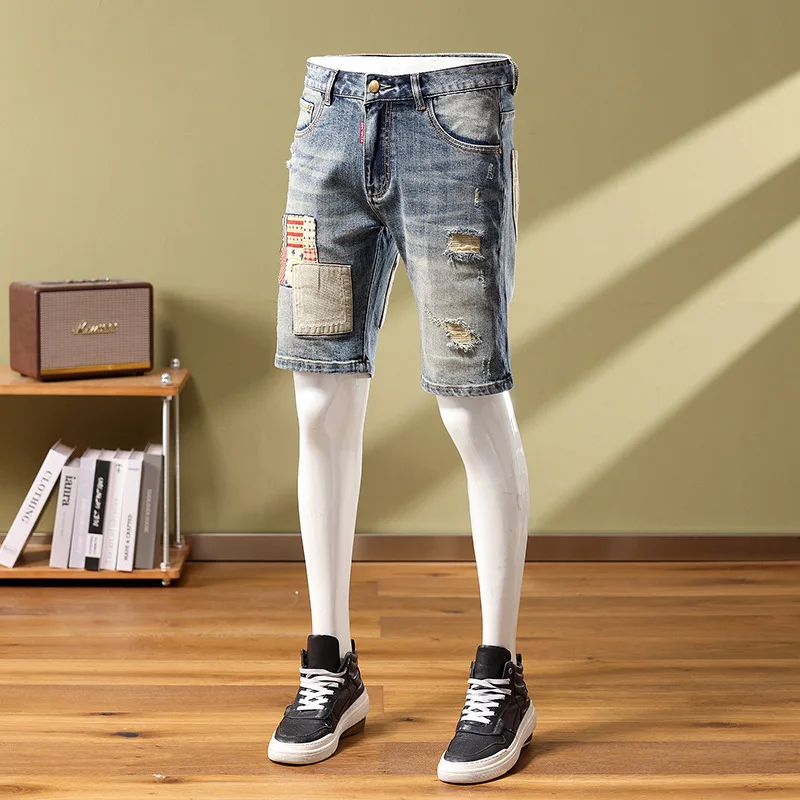 Jeans Short Men's Stitching Patchwork Ripped Trendy Slim Embroidered Personality Street Retro Biker's Middle Pants