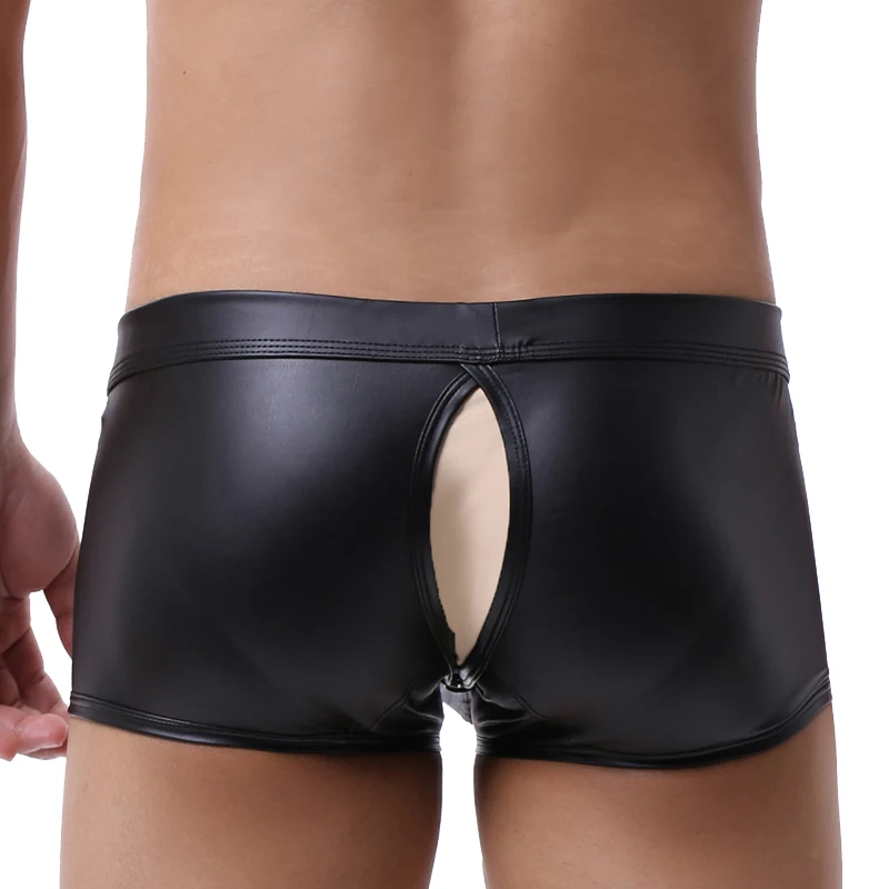 PU Leather Men's Boxer Shorts Sexy Big Penis Pouch Gay Underwear Low Waist Buttons Back Open Erotic Boxers Hollow Out Underpants 4