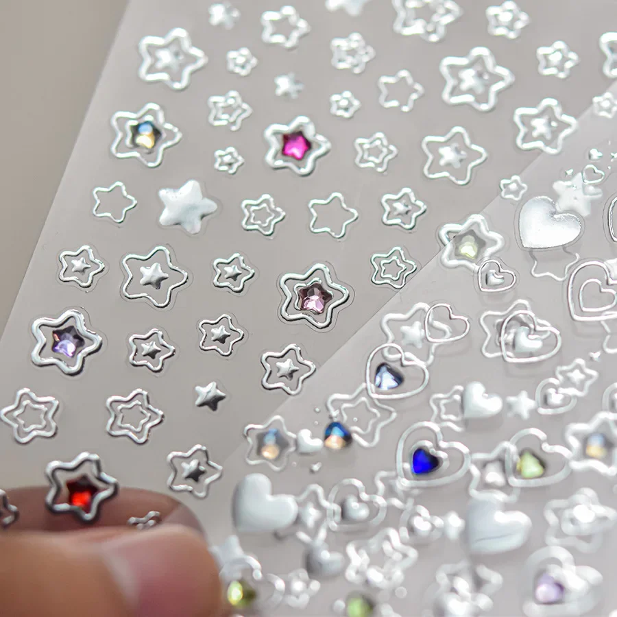 Colored Crystal Star Love Heart Shiny Silver Hollowed Smudging Rainbow Flower Jelly Embossed Nail Art Stickers Manicure Decals 6