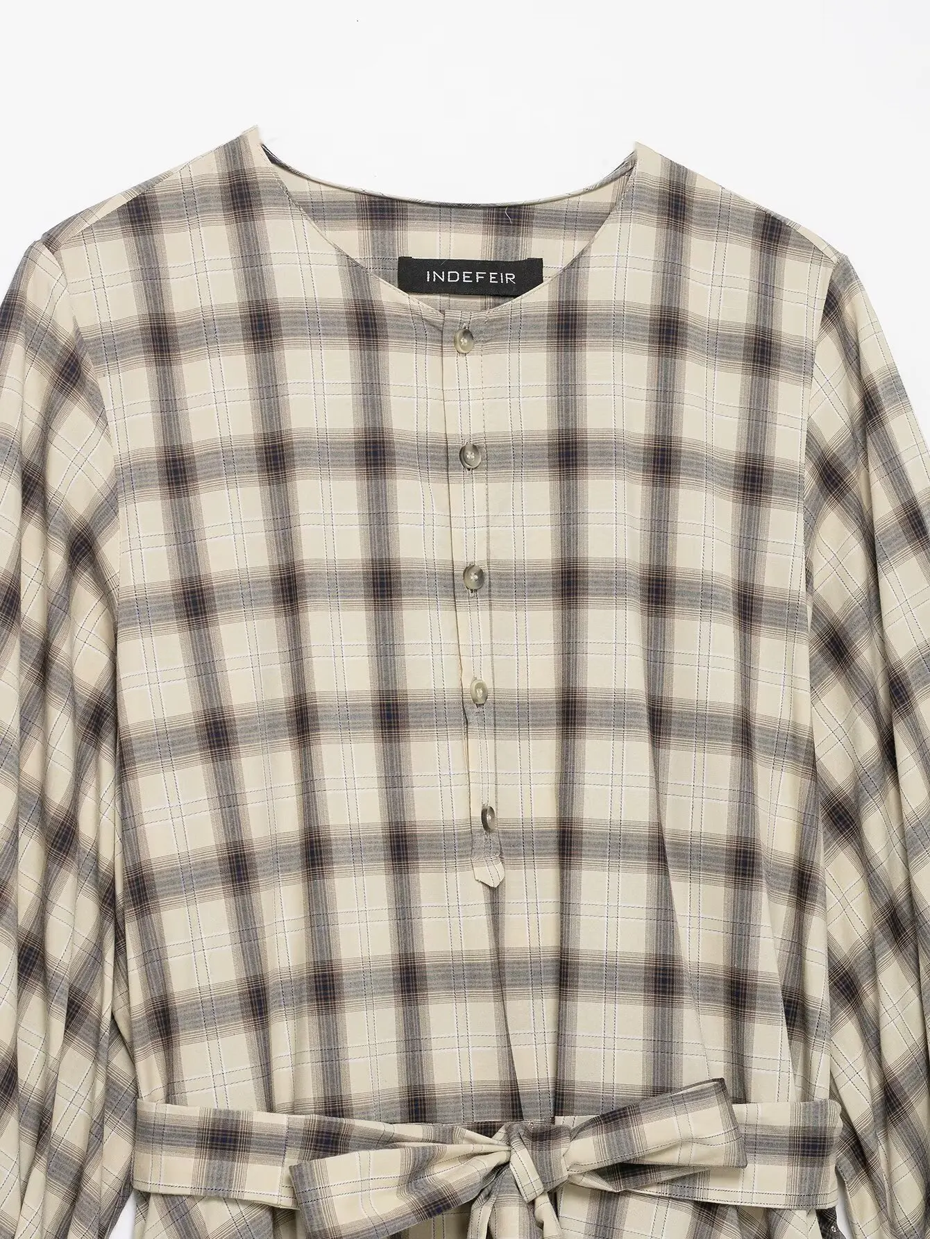 Women Plaid Lantern Sleeve Dress Female Casual Single Breasted Lace Up Long A-Line Dresses Lady Daily Commute Street Shirt-Dress