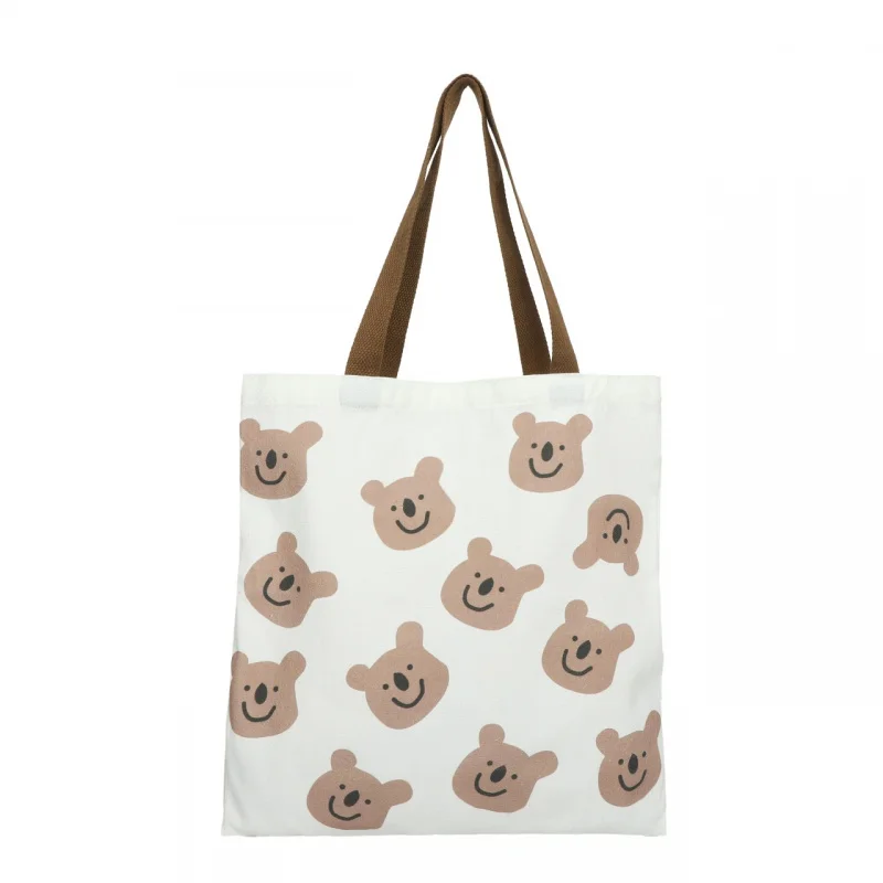 Urso bonito Padrão Student Schoolbag, Feminino de grande capacidade de compras portátil Shoulder Bag, Canvas Bag, Ins Brown, desenhos animados