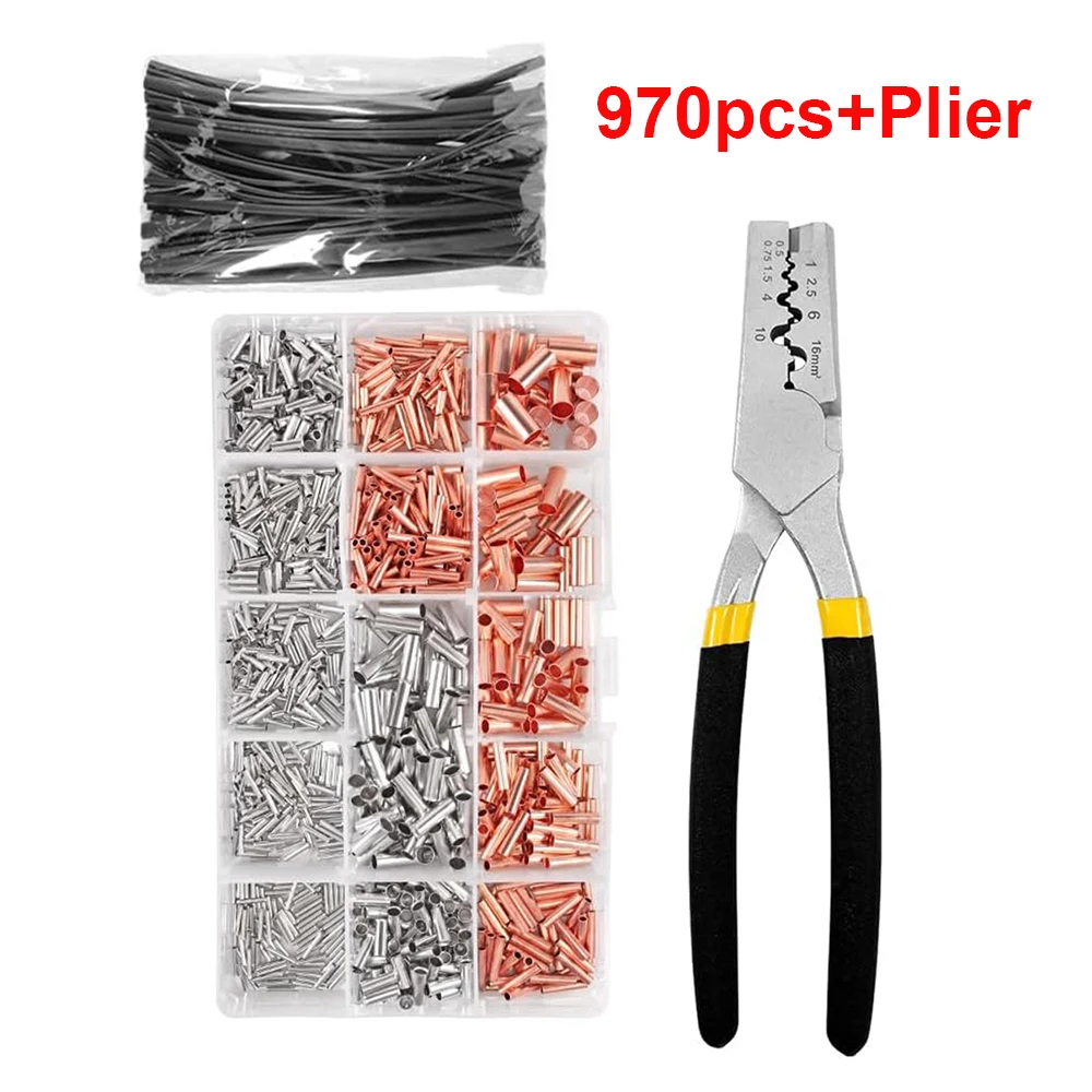 970 stücke Kupfer Verbindungsrohr Draht Joint Kleine Kupfer Rohr Terminal Kabelschuh Schnürsenkel Ferrule Kit Mit Schrumpfschlauch Zange – Detail 3