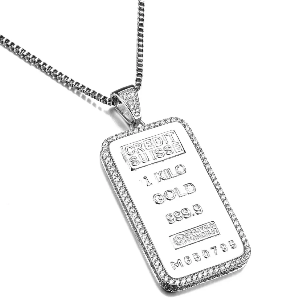 VANAXIN RectangleCoin Credit Suisse Bullion Bar Ingot Badge Pendants Necklace For Men Plated GoldHip Hop Brass Jewelry 2