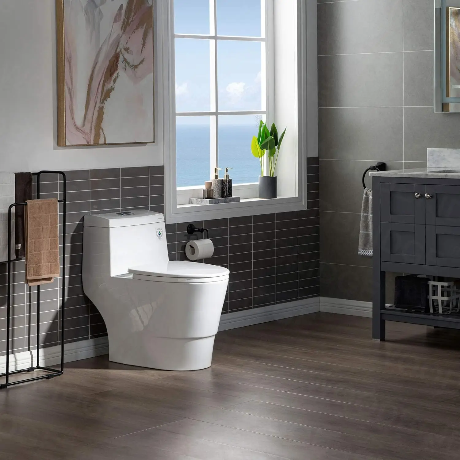 One Piece Toilet with Soft Closing Seat Chair Height 1.28 GPF Dual Water Sensed 1000 Gram MaP Flushing Score Toilet with Chrome 3