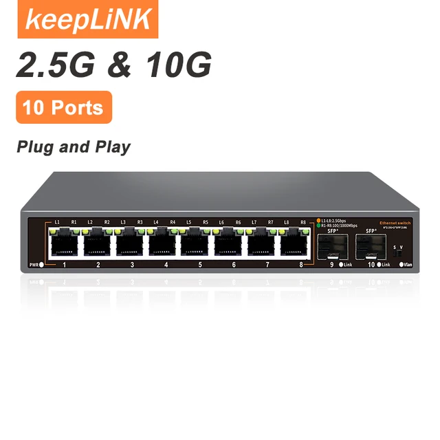 KeepLiNK 10-Port Network Switch | 8 x 2.5Gb Ethernet + 2 x 10Gb SFP+ | Unmanaged | Plug & Play | High-Speed Connectivity