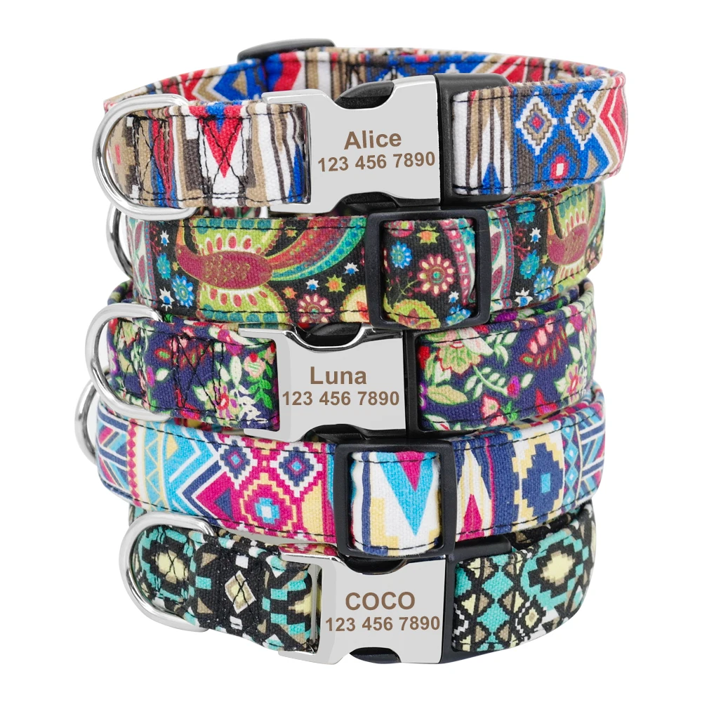 Dog Collar Custom Engraved Personalized Nylon with Printed Puppy Cat Nameplate for Small Large Dogs