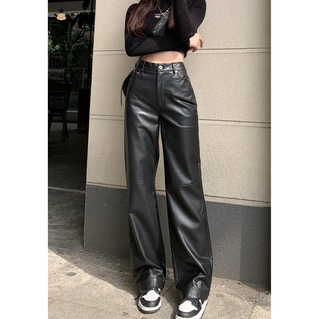 Leather Pants Women High Waist Elegant Casual Baggy Pants Female