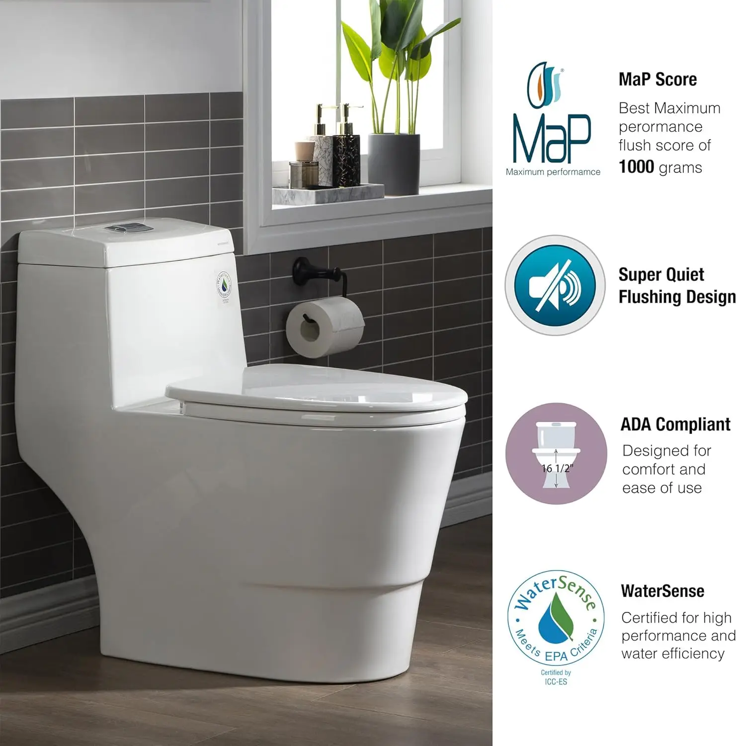 One Piece Toilet with Soft Closing Seat Chair Height 1.28 GPF Dual Water Sensed 1000 Gram MaP Flushing Score Toilet with Chrome 5