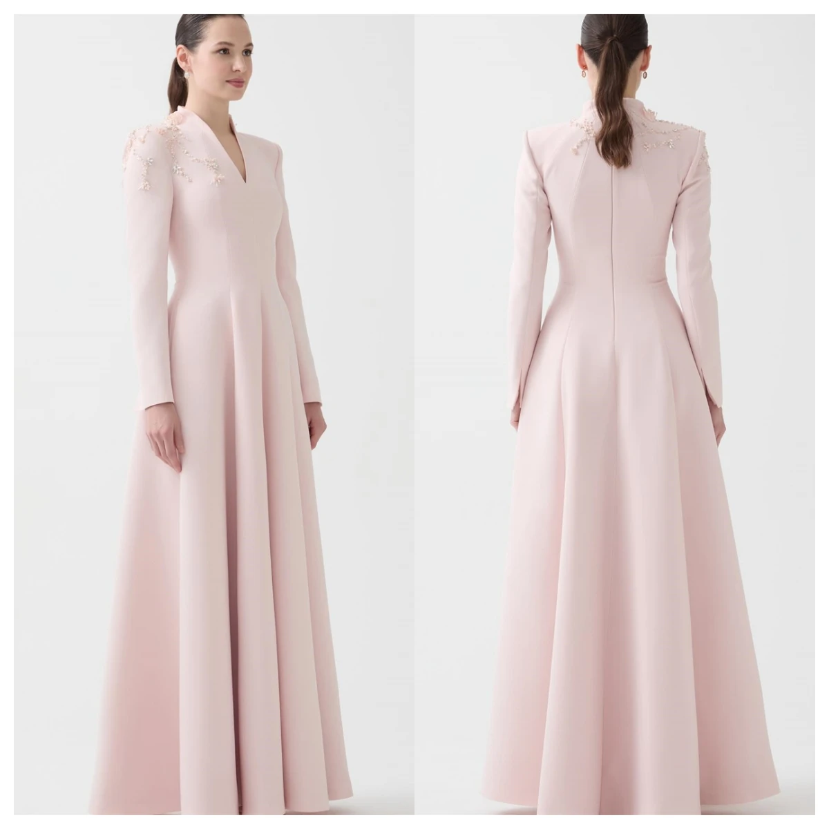 Customized Customized Delicate Pink Jersey Evening Dress V-Neck Long Sleeves Celebrity Gowns Appliques Elegant Bespoke Occasion 3
