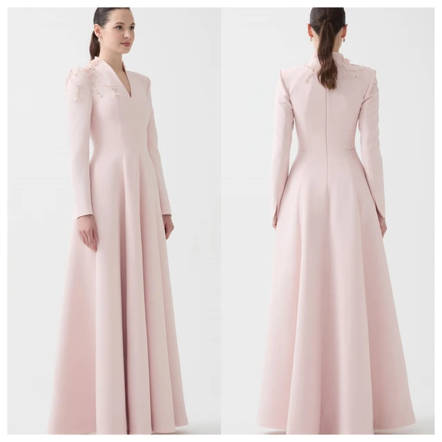 Customized Customized Delicate Pink Jersey Evening Dress V-Neck Long Sleeves Celebrity Gowns Appliques Elegant Bespoke Occasion 3
