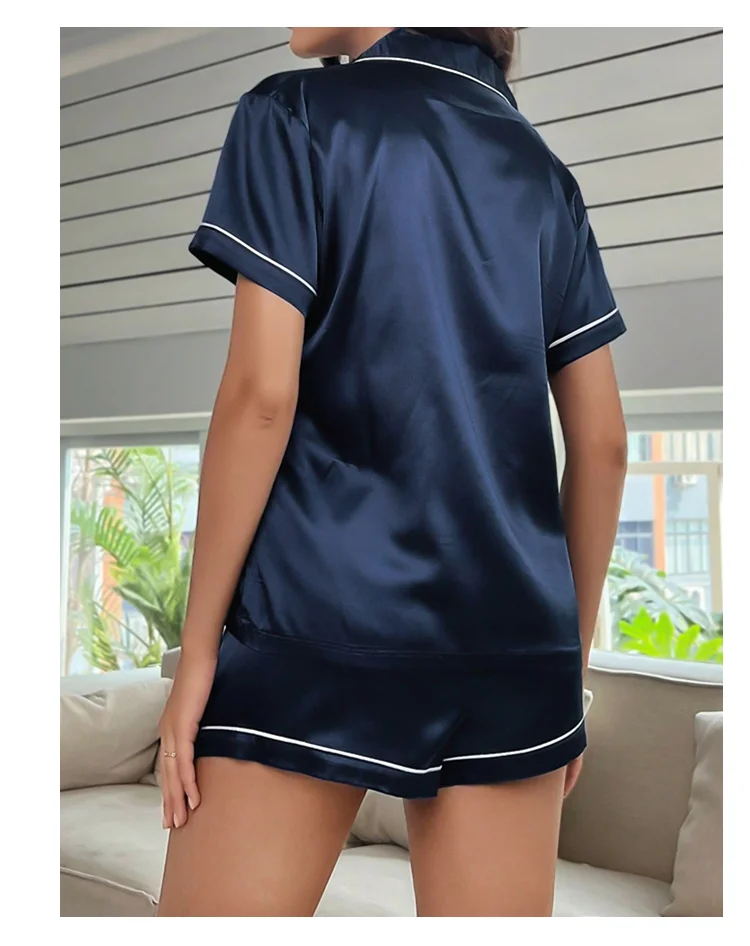 Sommer Seide Satin Frauen Pyjamas Set Button Down Top & Shorts 2 Stück Nachtwäsche gekerbten Kragen Nachtwäsche Lounge wear für Frauen – Detail 8