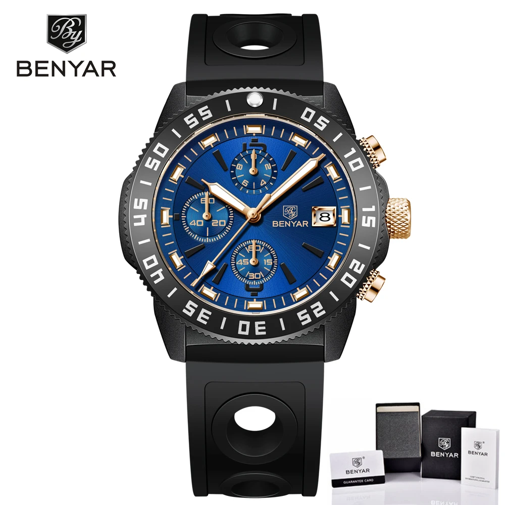 BENYAR Business Chronograph Sport Watch for Men Luxury Quartz Mens Watches Man Male Clock 5BAR Waterproof Military Reloj Hombre