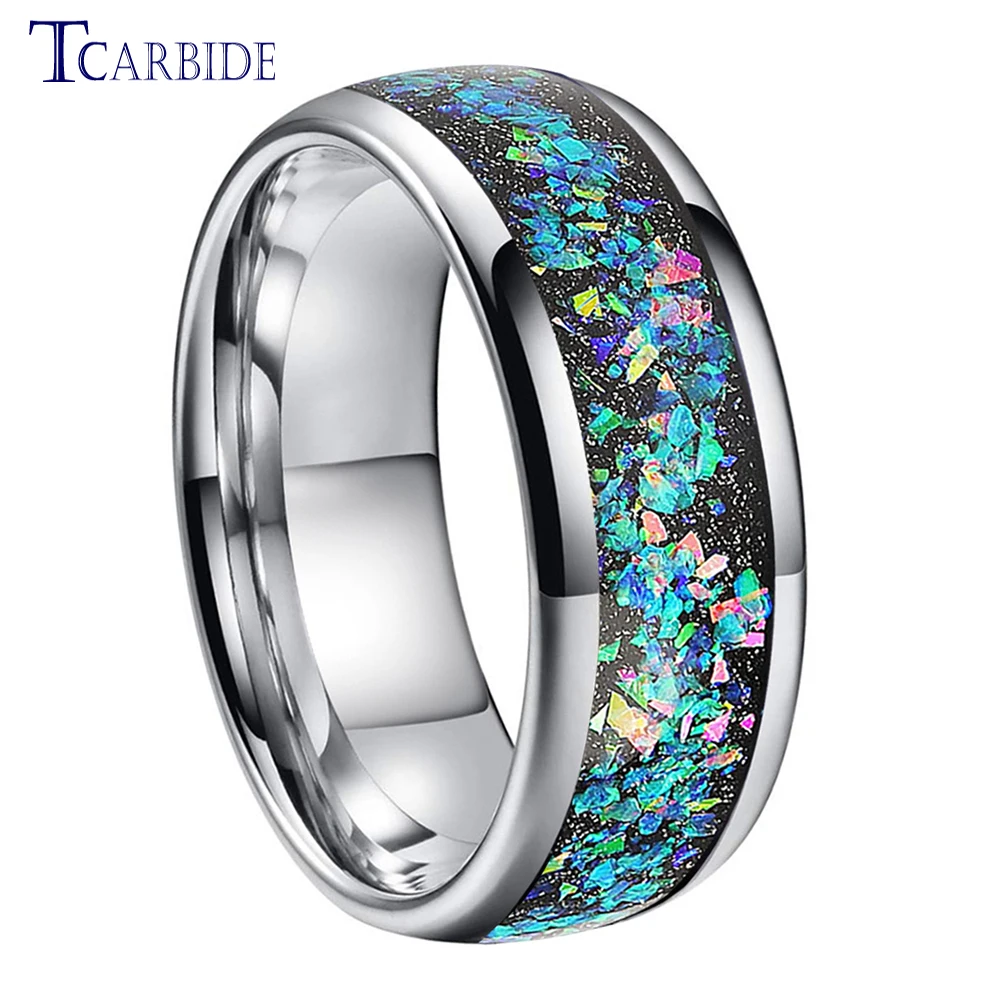 Tanie 8mm czarny wolfram zaręczynowy obrączka mężczyźni kobiety pierścień Galaxy Series Opal wkładka sklep