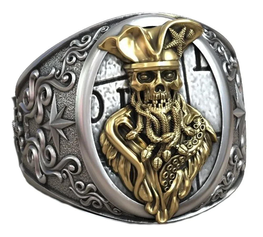 35g 3D Big Ring Undead Pirate Snakes Wind Rose Anchor Art Relief  Customized 925 Solid Sterling Silver Rings Many Sizes 8-13