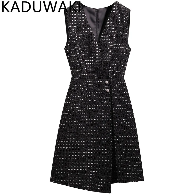 VintageElegantVNeckTweedVestDressWomenSlimWaistALineAutumn