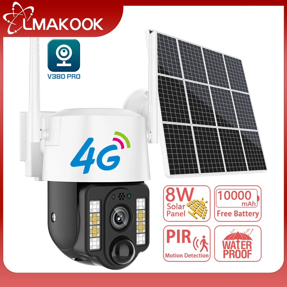 

LMAKOOK 5MP CCTV PIR Motion Detection Solar Surveillance Camera 4G SIM Card PTZ IP Camera Waterproof 30M Colorful Night Vision