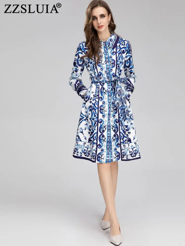 

ZZSLUIA Vintage Trench For Women Blue And White Porcelain Printed Lacing Designer Long Coats Fashion Long Sleeve Outerwear Cloth