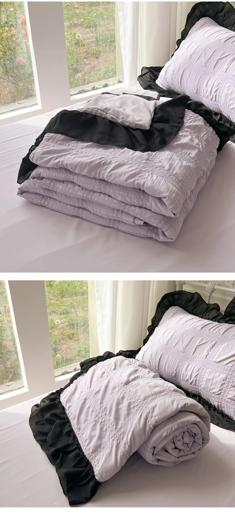 91 Home Textiles Network, the first-hand source of home textiles, looking for Home Textiles (Total) Ziqin 2025 new seersucker Korean version chiffon lace single summer quilt four-piece set