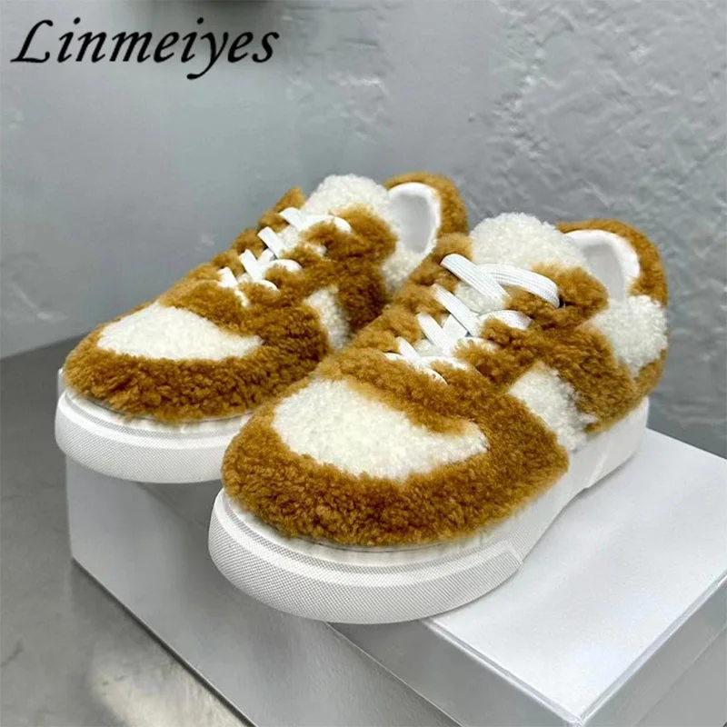 

Hot Sales Casual Sneakers Women Black Camel Round Toe Lace Up Flat Board Shoes Female Winter Wool Warm Comfort Walk Shoes Woman