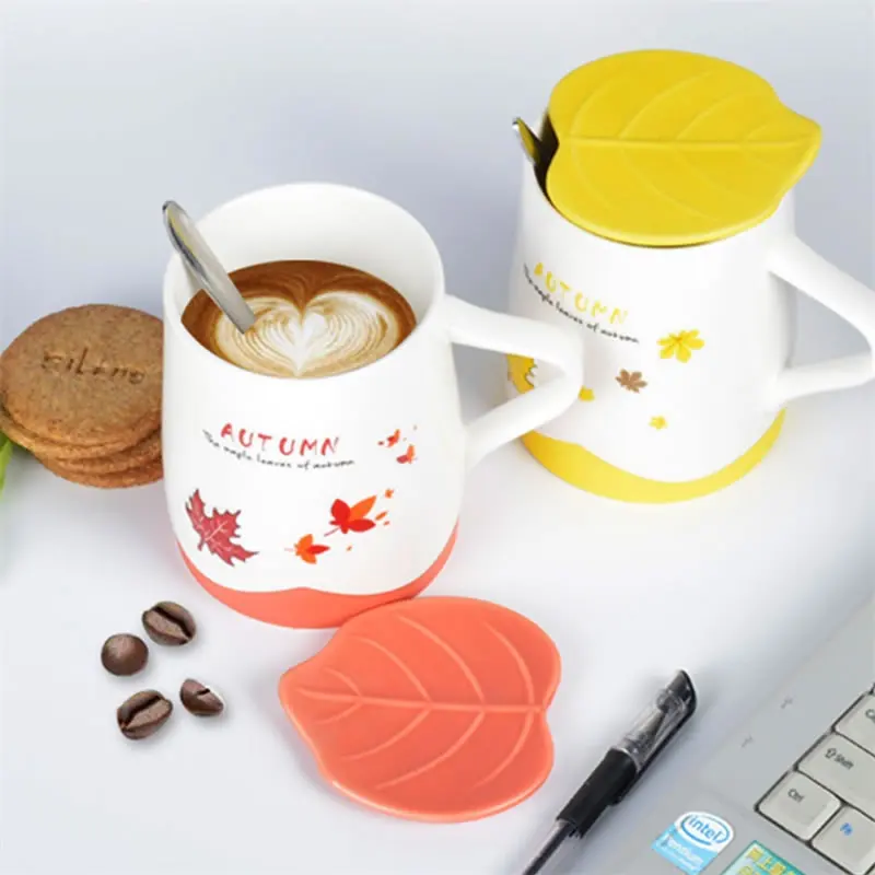 

HF 500mL Ceramic Maple Mug with Lid and Spoon Cute Cartoon Milk Cup Office Tea Water Cup Creative Coffee Tea Mugs Gift Drinkware