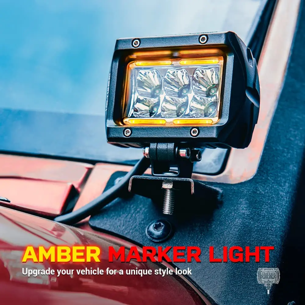 Work Light Led Light Bar MICTUNING Car Led Work Light Bar Unlimited-GO K1 4" 18W LED Flood Work Lamp With Amber Ambient Light For Jeep ATV SUV Truck Boat