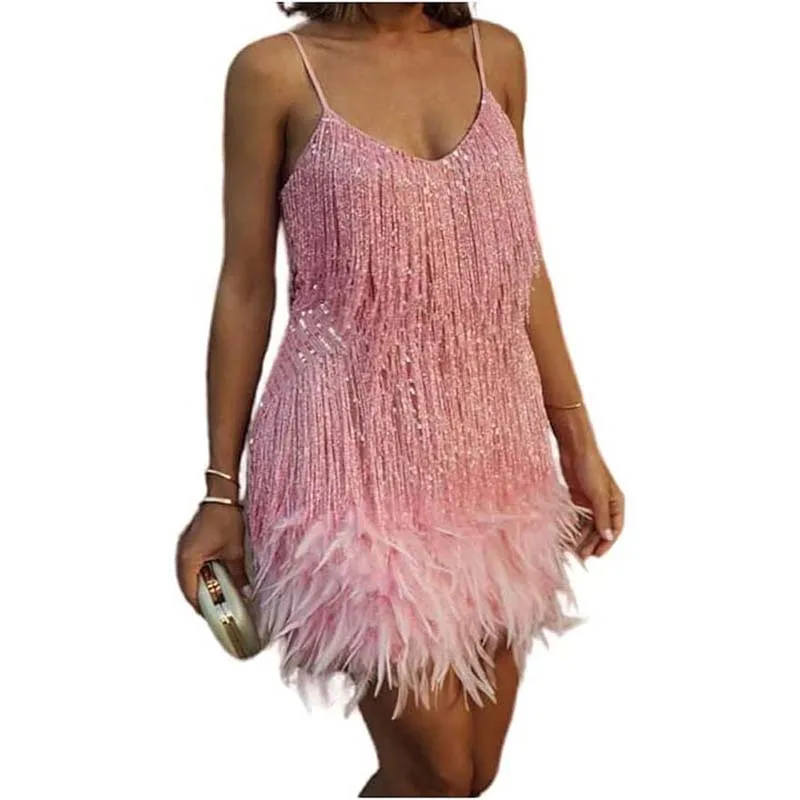 

Cocktail Evening Women's Sparkly Sequin Spaghetti Strap Feather Fringe Dress