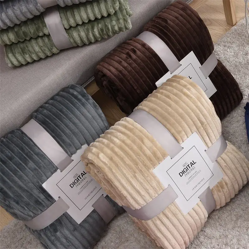 

Solid Striped Throw Blanket Flannel Fleece Soft Adult Bed Cover Winter Warm Stitch Fluffy Bed Linen Bedspread for Sofa Bedroom