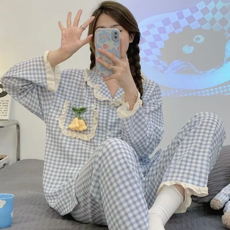 Ruffled princess style pajamas women spring autumn Korean style new long-sleeved pants sweet and cute plaid home wear set chic