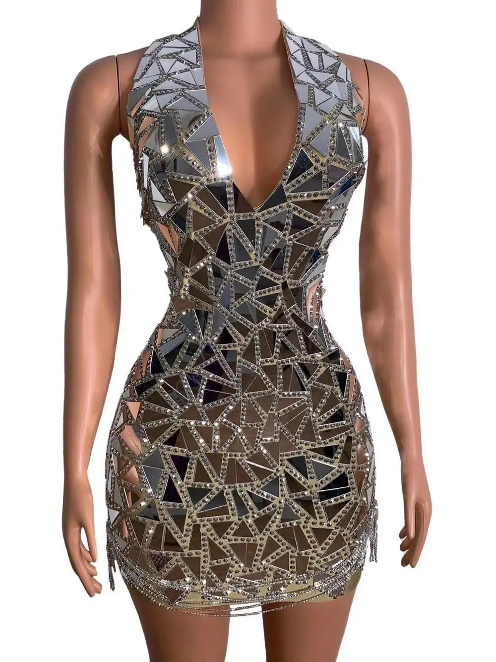 

Silver Mirrors Crystals Chains Dress Fashion Shining Evening Party Wear Prom Sequins Dresses Singer Birthday Celebrate Costomes