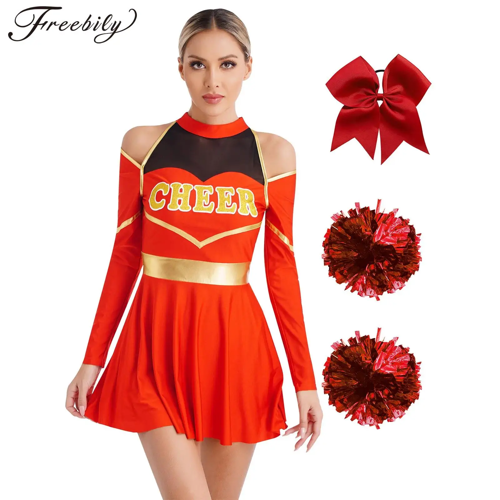 

Women Cheerleading Dance Performance Costume Cold Shoulders Dress with Hair Band Flower Balls for Basketball Match Cosplay Party